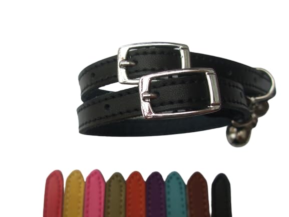 Cat Collar 2 pack set Real Leather Elasicated Safety Elastic bell, Pair Choose colours (Black and Black)