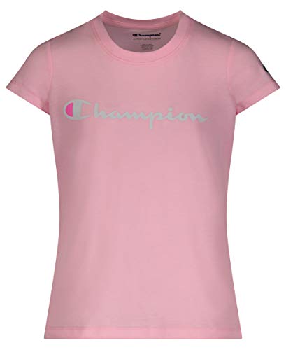 Champion Girls Heritage Short Sleeve Script Logo Tee Shirt Big and Little Girls (Small, Pink Candy Script)