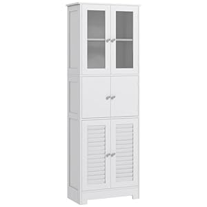 HOMCOM 67″ Tall Bathroom Cabinet, Bathroom Storage Cabinet with Glass/Louvred Doors, Freestanding Linen Cabinet with Adjustable Shelf for Living Room, Kitchen, Dining Room, White