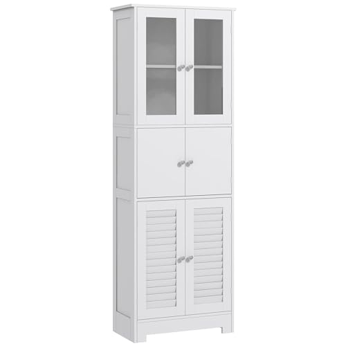 HOMCOM 67″ Tall Bathroom Cabinet, Bathroom Storage Cabinet with Glass/Louvred Doors, Freestanding Linen Cabinet with Adjustable Shelf for Living Room, Kitchen, Dining Room, White