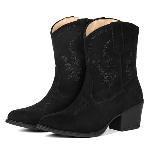 Image of IXU Cowboy Boots for Women Ankle Cowgirl Booties Wide Mid Calf Pointed Toe Western Boots Short Chunky Classic Booties