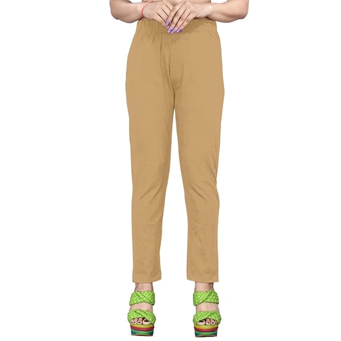 Image of Women's Solid Cotton Lycra Pants-High Waist Slim Fit Stretchable Leggings - Comfortable Long Trousers for Casual, Office & Everyday Wear