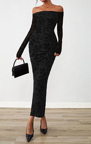 PRETTYGARDEN Womens Off The Shoulder Floral Maxi Bodycon Dress Fall Long Sleeve Mesh Fitted Long Formal Wedding Guest Dresses3