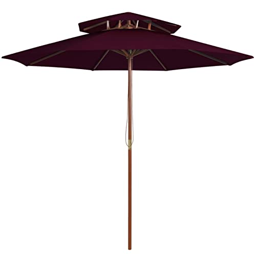 Parasol burdeos de 270 cm para terraza y playa con mástil de madera