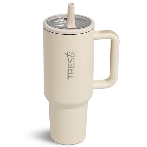 TRESTi Tumbler Térmico 1,2L (40oz) con Asa y Pajita Abatible   Termo de Acero Inoxidable 100% Antigoteo   Vaso Térmico EcoSostenible   Mantiene Frío 12H y Calor 6H   Crema