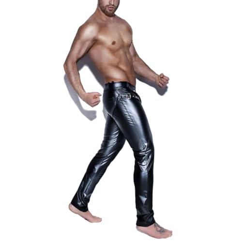 Moinha Herren Wetlook Skinny Hose Lack Leder Leggings Erotisch Offener Elastisch Lederhose Sexy Männer Unterwäsche Pants Strumpfhosen Lange Party Clubwear Fetisch BDSM Bondage Hose Ouvert-Dessous-XL