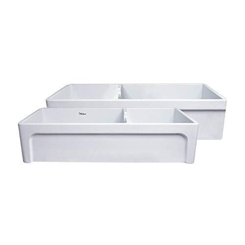 Farmhaus Fireclay Large Reversible Sink and Small Bowl with an Elegant Beveled Front Apron on One...