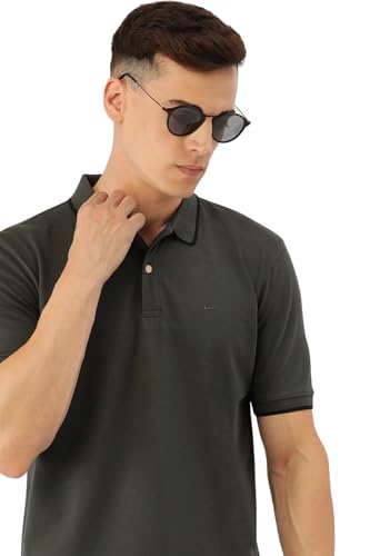 Image of Peter England Men's Snug Fit Solid Polo T-Shirt with Coloured Collar Tipping| Cotton Rich| Premium Pique Weave