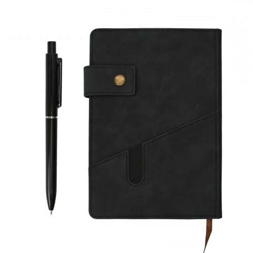 Korechain A5 Lined Leather Notebook with Pen, Black Notepad for Office School Home or Travel, Hard Cover Journal for Men and Women