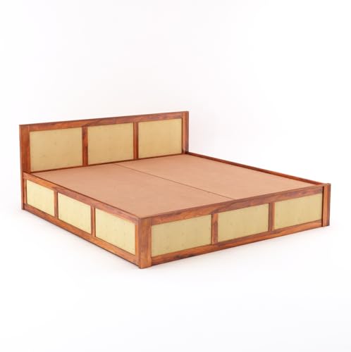 Image of Solid Sheesham Wood Queen Size Bed with Box Storage for Bedroom Home Living Room Hotel Wooden Double Bed Cot Palang Furniture (Honey Finish)