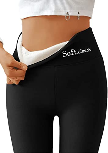 Lässige, warme Winterhose, solide Wolken-Fleece-Leggings für Damen, Winter, hohe Taille, Thermo-Strumpfhose, schmal gefüttert, Schwarz-L, One size Cover