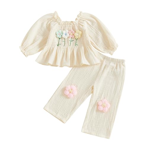Toddler Baby Girl Outfits Infant Puff Sleeve Smocked Floral Tops Pants Cute Kids Girls Fall Winter Clothes Set