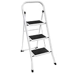 Marchepied Escabeau Pliable Métal 3 Marches Verrouillage de Sécurité Anse Rangement Facile Revêtement Anti dérapant Charge Max 150kg   Blanc