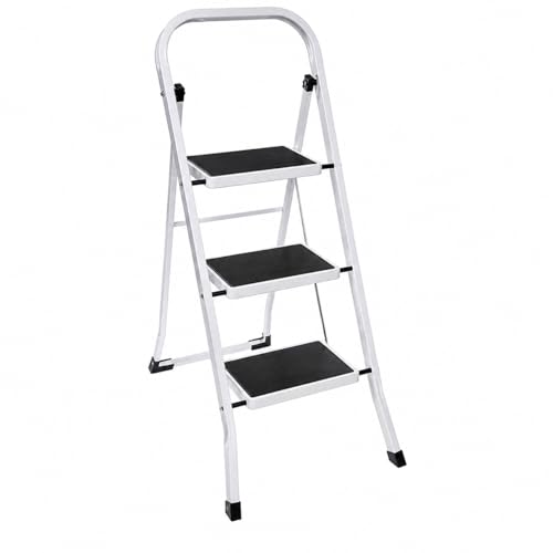 Marchepied Escabeau Pliable Métal 3 Marches Verrouillage de Sécurité Anse Rangement Facile Revêtement Anti-dérapant Charge Max 150kg - Blanc