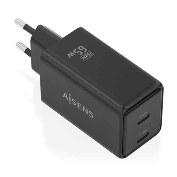 Chargeur GaN 65W Aisens ASCH-65W2P079-BK avec 2xUSB Tipo-C adaptateur secteur noir haute vitesse