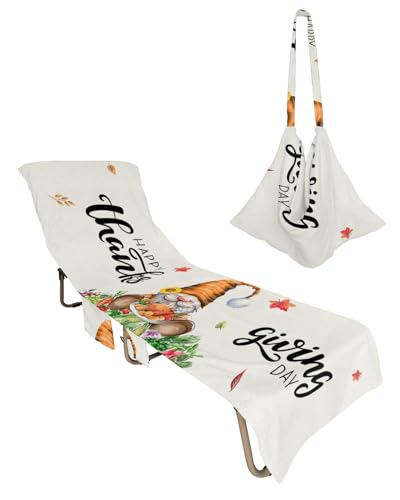 Thanksgiving Turkey Day, Beach Lounge Chair Towel Cover, Soft Chaise Lounge Towel with Side Pockets Patio Pool Chairs Cover for Beach/Pool Sunbathing 29x85 Fall Gnomes Harvest Acorn Sunflower