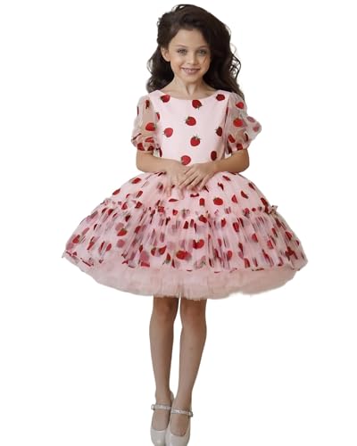 Strawberry Printed Toddler Party Gowns Short Lantern Sleeves Flower Girl Dresses