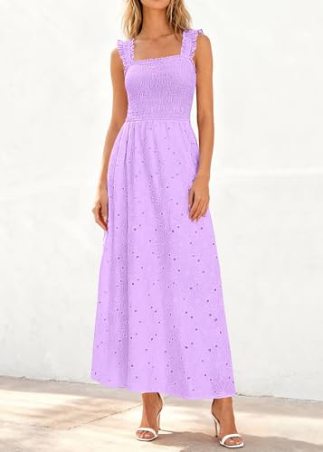 Image of KIRUNDO Summer Lace Dress for Women Eyelet Maxi Sundress | Boho Sleeveless Cotton Flowy Long Dresses, Wedding Guest, Beach Vacation, Baby Shower Guest Dress, Smocked Bust, With Pockets