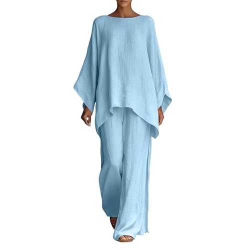 Tailleur coton lin femme léger et respirant avec pantalon large fluide couleur unie