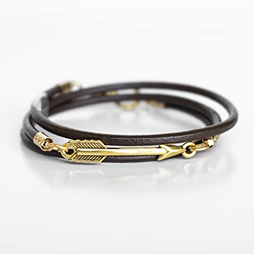 Men's Bracelet, Genuine Brown Leather Wrap Bracelet, Gold Plated Arrow Pendant Charm Cuff, Tribal Boho Jewelry, Handmade Wrist Band For Guys By Magoo #TOP4