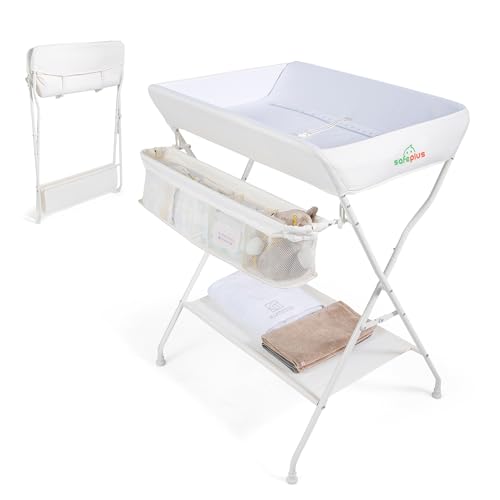 Image of HONEY JOY Changing Table, Folding Nursery Organizer with Open Shelf & Safety Belt, Portable Diaper Changing Station for Newborn (Beige, Basic)