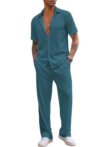 CHKOKKO Men Solid Co Ords Casual Summer Wear Coords Stylish Gents Cord Set Half Sleeves Latest Track Suit Polo Neck Western Co-ord Set Monster Blue XXL