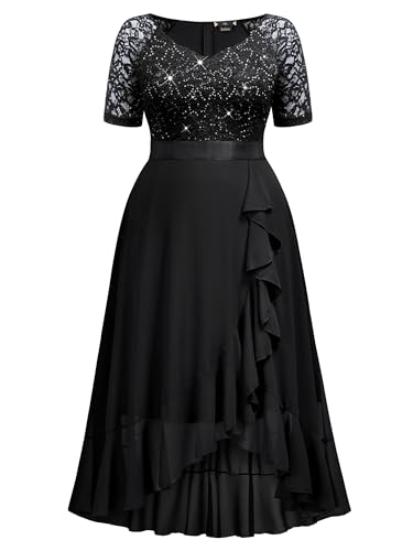 Image of Knitee Women's Plus Size Sequin Lace Sweetheart Neck Ruffled Hemline Formal Evening Maxi Dresses