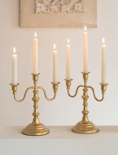 NUPTIO Candelabra Gold Candle Holders: Brass Candlestick Holder 3 Arm