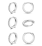 925 Sterling Silver Small Hoop Earrings, Cubic Zirconia Cartilage Huggie Earrings, 3 Pairs 14K White Gold Plated Small Silver Hoops for Women Men 12mm
