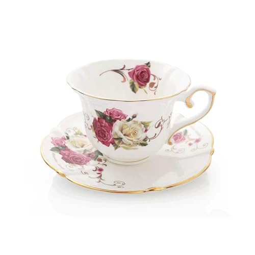 RUOXIUKHBZPS Juego de tazas y platillos de té, taza de café de porcelana de 7,4 oz, patrón floral vintage con ribete dorado(Red)