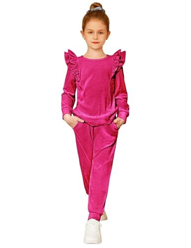 Image of Arshiner Girls 2 Piece Outfits Velour Tracksuit Ruffle Sweatshirt Sweatpant | Cute Clothes, Sweatsuit, Long Sleeve Pullover, Fall Winter Clothing Sets, for 3-10 Years