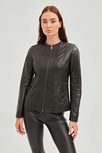 Bigardini Women's Italian Lambskin Leather Jacket - Collarless Black Leather Jacket (3Xl) #TOP3