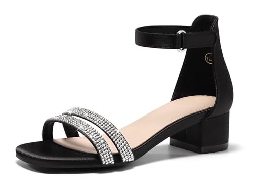 Image of Coutgo Girls Dress Shoes Sandals Chunky Low Heels Rhinestone Strap Flower Girl Wedding Party Shoes