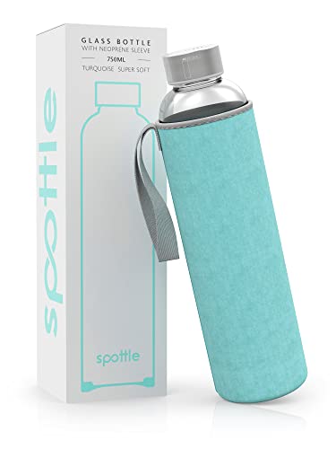spottle glass water bottle 1 litre with neoprene sleeve - borosilicate drinking bottle 500ml, 750ml, 1l with lid - water bottle glass for kids and adults - dishwasher safe