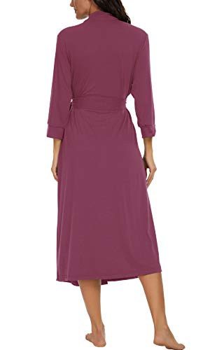 Image of VINTATRE Robes for Women Long Knit Bathrobe XS-4XL | 3 /4 Sleeve Bathrobes with Pockets, Stretchy and Lightweight Fabric, Inner Tie and Fixed Outer Belt, Mid Calf Length