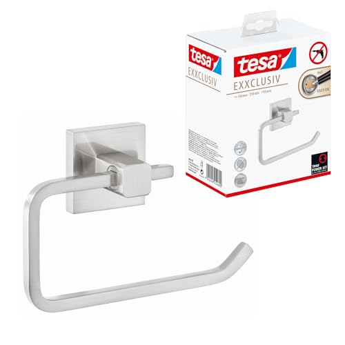 tesa EXXCLUSIV Toilettenpapierhalter ohne Deckel, verchromt - zur Wandbefestigung ohne Bohren, inkl. Klebelösung - 160mm x 99mm x 45mm