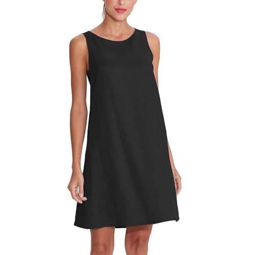 Amazhiyu Women's Linen Sleeveless Shift Dress with Pockets Crew Neck Casual Tank Dress Black
