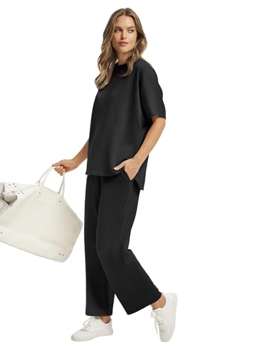 Desol Zweiteiler Damen Sommer Outfits, Trainingsanzug Sets Kurzarm Oberteil & Jogginghosen, Weites Bein Caprihosen für Freizeit & Hausgebrauch & Reisen