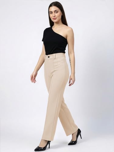Image of Women's High Waist Formal Straight Fit Trousers Premium Stretch Office Pants Front Pleated Design Smart Workwear Bottom for Office, Casual & Business Wear