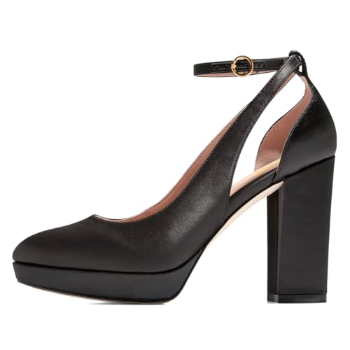 Women’s Ankle Strap Pumps Platform Chunky High Heels Side Cutout Mary Jane Round Toe Buckle Shoes Party Prom Dating Size 4-16 US3