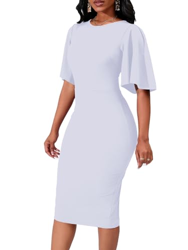 Image of WanMem Womens Basic Bodycon Ruffle Flared Short Sleeve Pencil Midi Dress