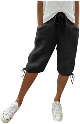 Linen Shorts for Women Summer Knee Length Elastic Waist Capri Pants Casual Gym Drawstring Bermuda Shorts with Pockets Linen Shorts for Women Summer Knee Length Elastic Waist Capri Pants Casual Gym Drawstring Bermuda Shorts with Pockets