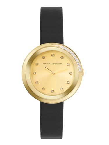 Image of French Connection Sunray Champagne Round Dial with Black Leather Strap Watch for Womens - FCO1BL