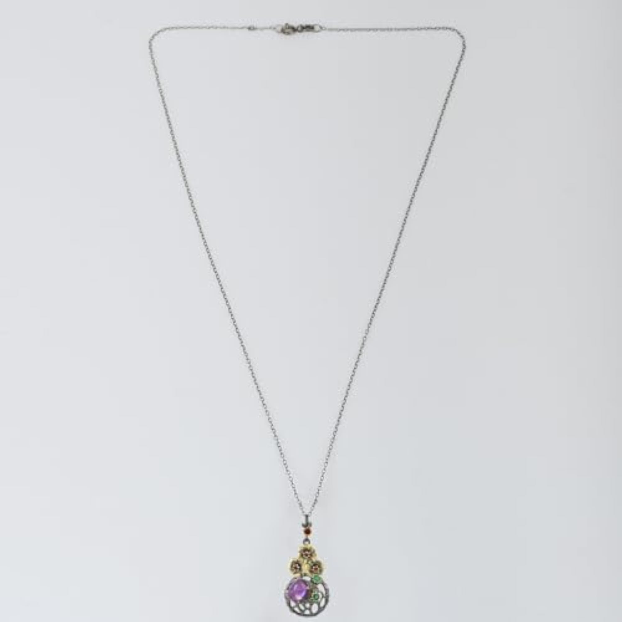 Women's Amethyst, Garnet & Green Onyx Flower Pendant Necklace