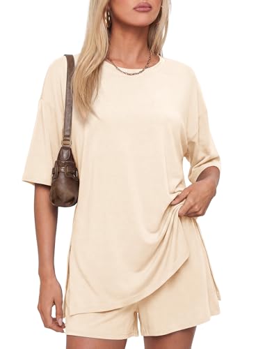 Image of Darong Women's 2 Piece Shorts Set Loungewear | oversized tshirts,crew neck top,drawstring shorts,elastic waist, side pockets,summer travel outfits