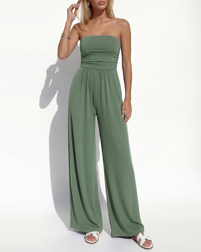 BTFBM Jumpsuits For Women Summer 2026 Beach Vacation Strapless Tube Top Jumpsuit Ruched Casual Wide Leg Pant Rompers(Sage Green, Medium) — view 6