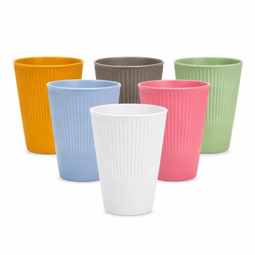 Image of Wheat Straw Cups - Set of 6 Reusable 400ml Drinking Glasses | Ribbed Unbreakable Lightweight Tumblers for Water, Juice, Tea, Coffee | Home, Kitchen, Outdoor Use (Multicolor)