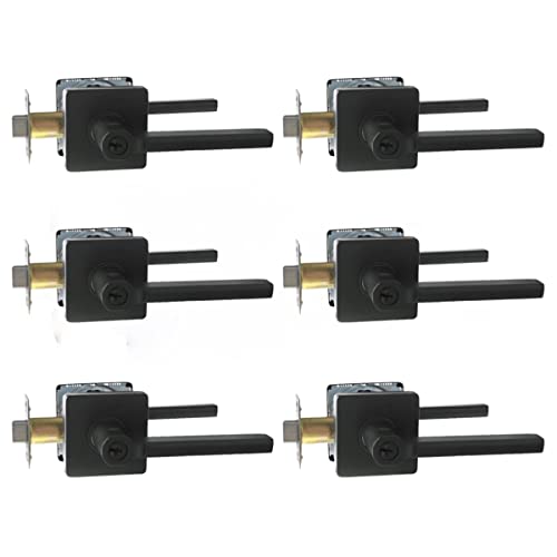 Heavy Duty Entry Lever Door Handle Set Keyed Alike Iron Black Finish Key Slim Square Locking Lever Set, Classic Door Handle with Lock 6 Pack