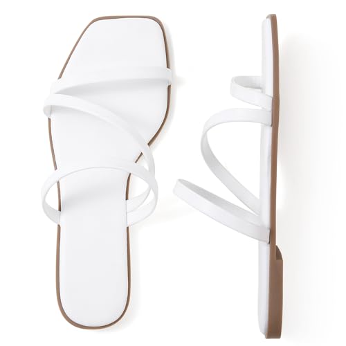 Image of LACUONE Strappy Flat Sandals For Women Slip On Square Open Toe Slides Sandals