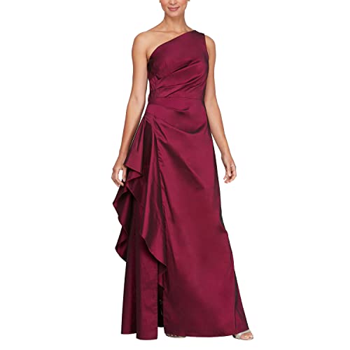 Alex Evenings Women's Long One Shoulder Stretch Taffeta Dress with Cascade Ruffle, Berry, 12